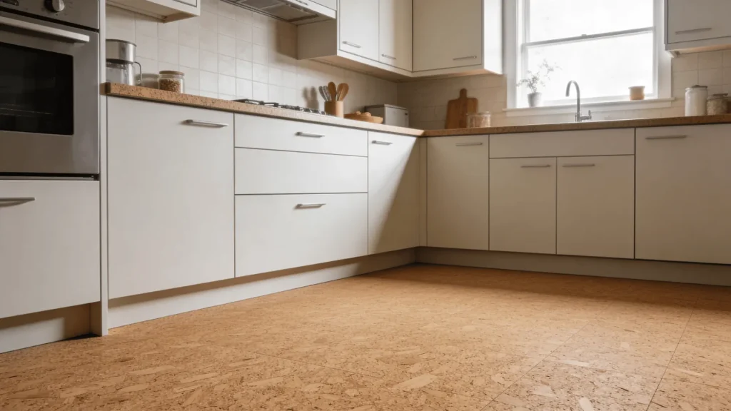 Cork flooring with natural texture on a kitchen floor in a simple kitchen setting