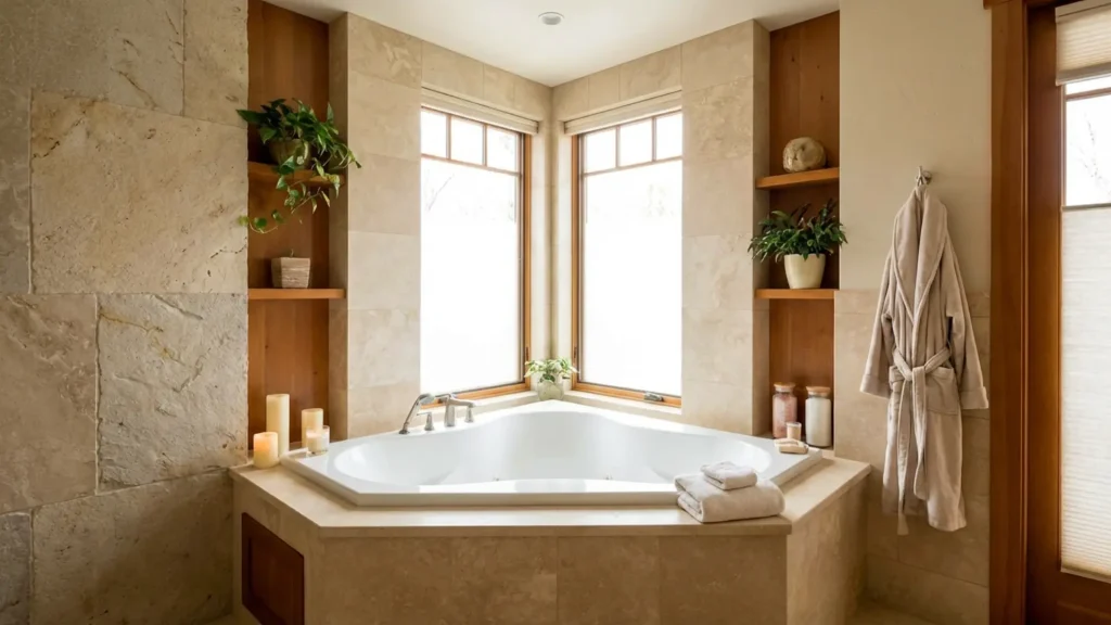Corner bathtub installed in a bathroom corner with a wide shape for comfortable soaking