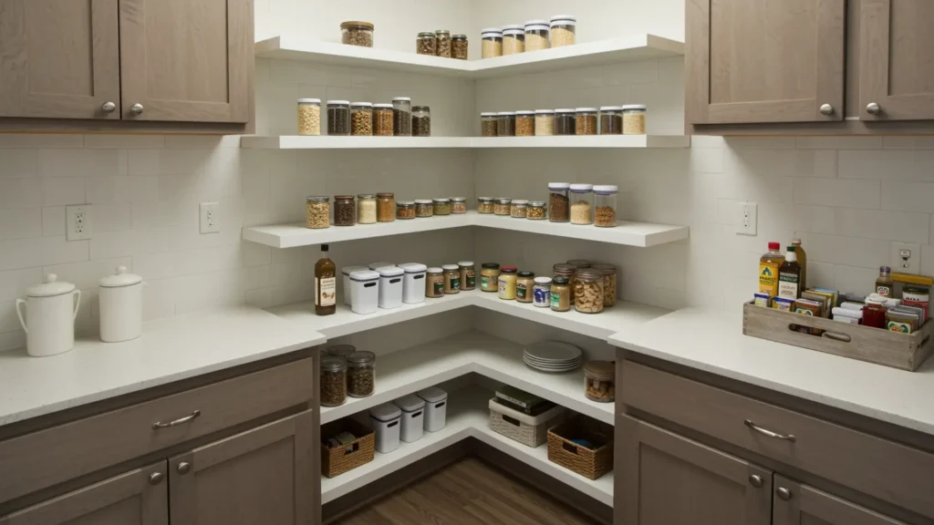 Corner pantry with angled shelves and a few containers