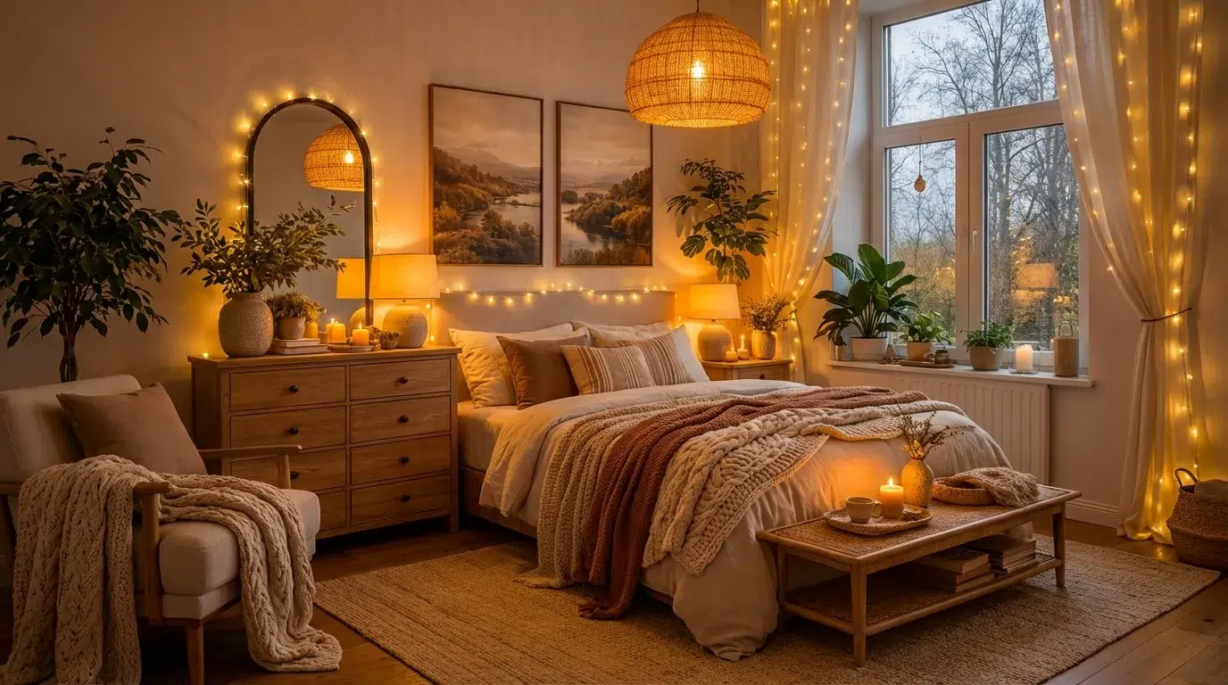 Cozy aesthetic bedroom with chunky knit blanket, fairy lights, and warm amber lighting.