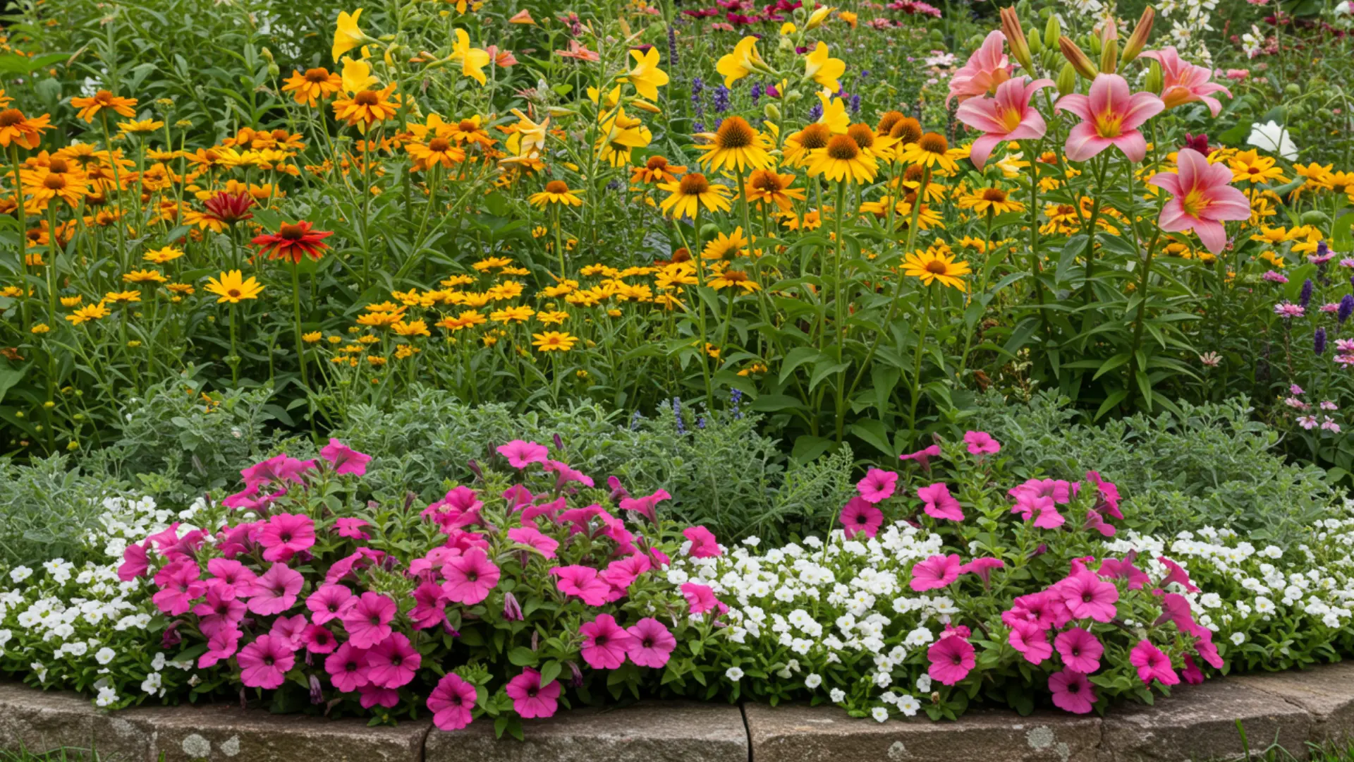 Craft items made from recycled bottles aMixed plants growing closely together in an unstructured gardennd cardboard placed on a table