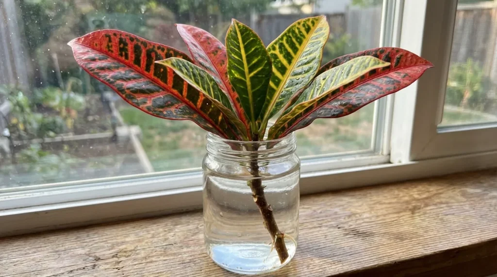 Croton cutting with colorful leaves growing in water