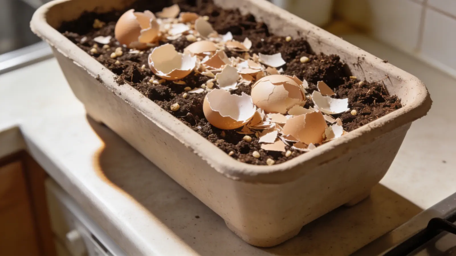 Crushed eggshell pieces mixed into potting soil in a planter