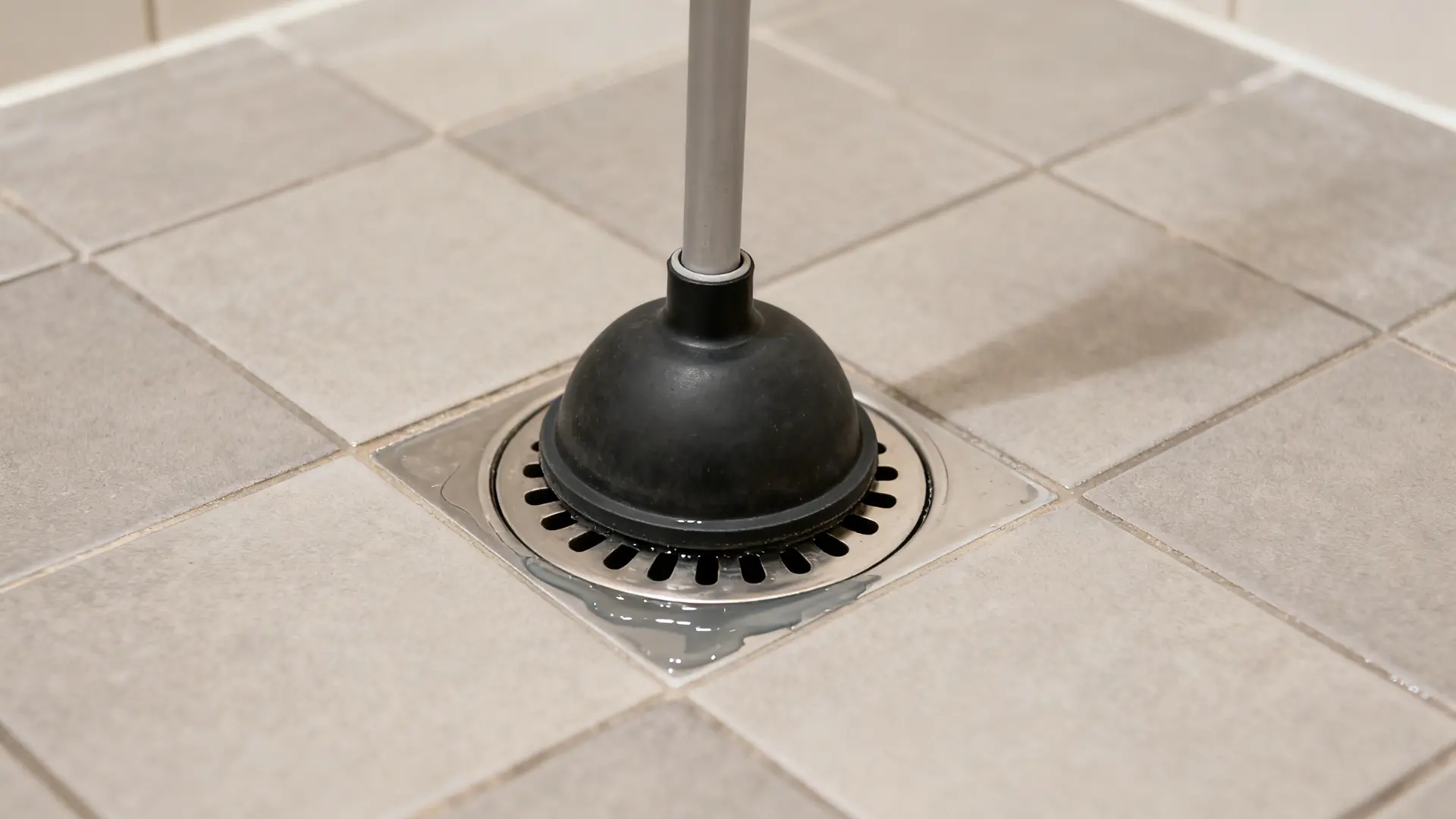 Cup plunger with flat rubber cup placed over a shower drain opening on a tiled bathroom floor.