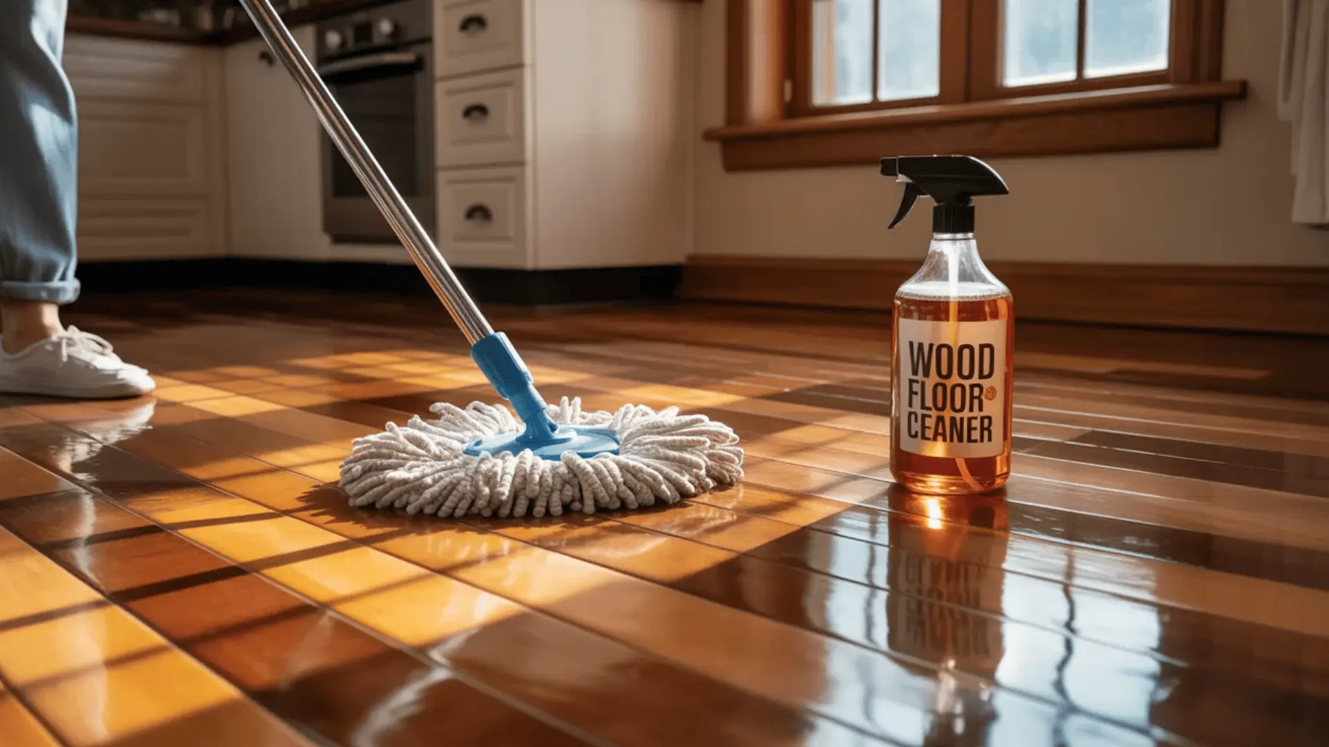 Damp mop on a hardwood floor beside a small bottle of hardwood floor cleaning solution.
