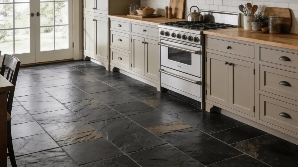 Dark slate tiles with natural texture on a kitchen floor with simple cabinets