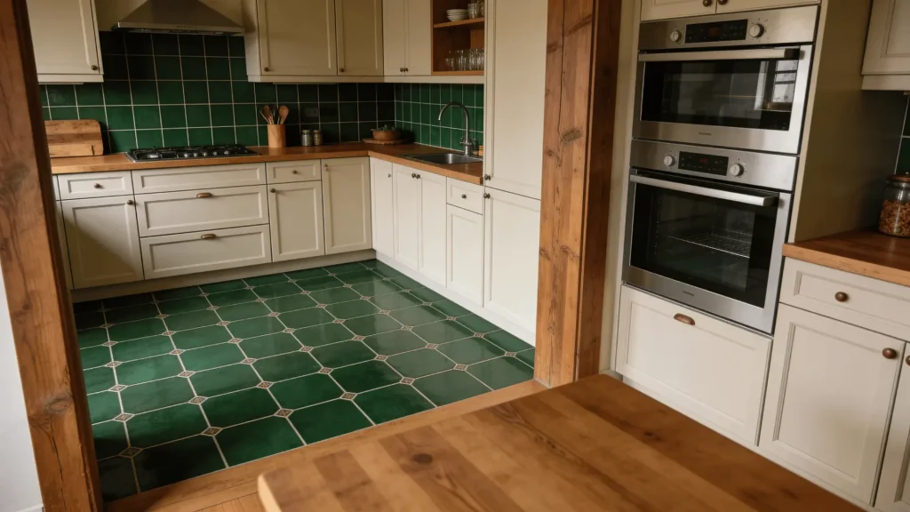 Deep green tiles on a kitchen floor paired with neutral cabinets and wood elements