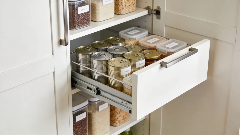 Deep pantry shelves with pull-out drawers extended, showing easy access to stored items