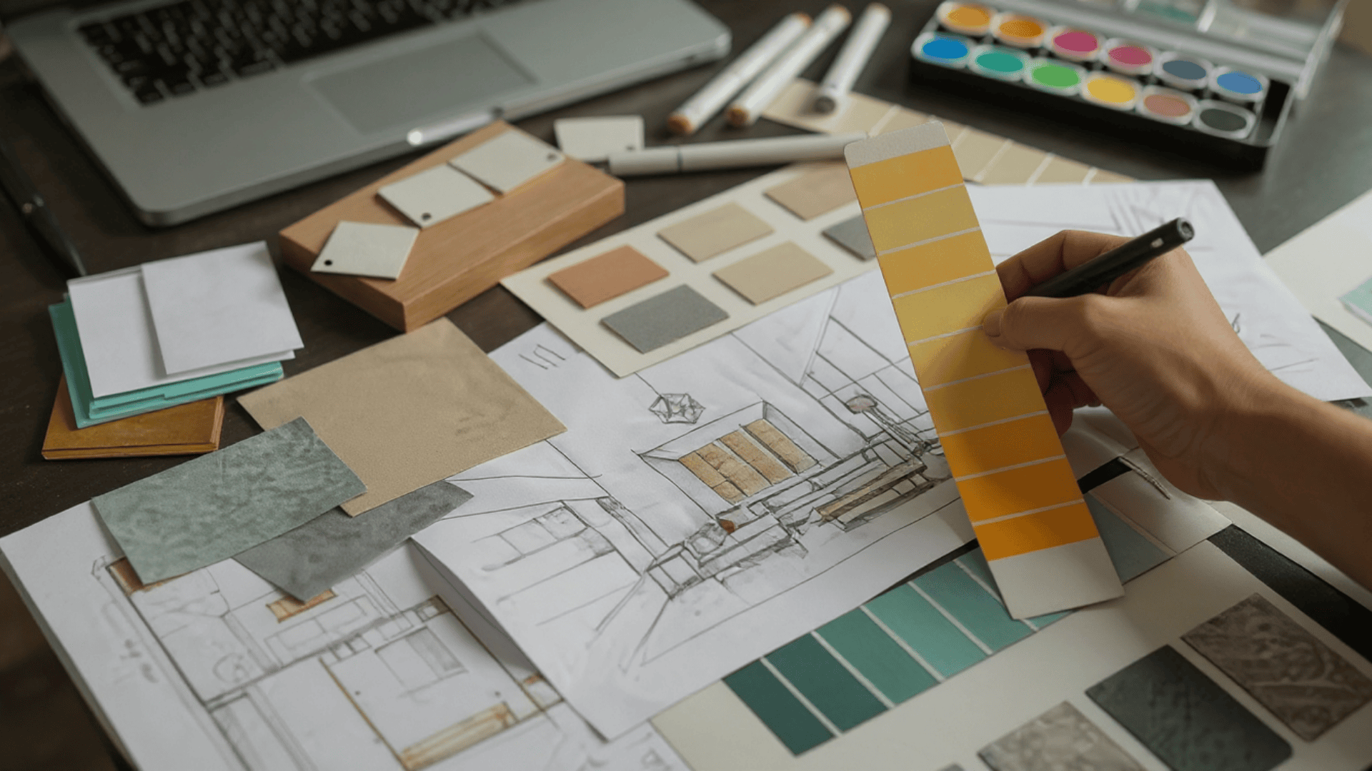 Designer selecting a yellow paint swatch over interior design sketches with material samples on a desk