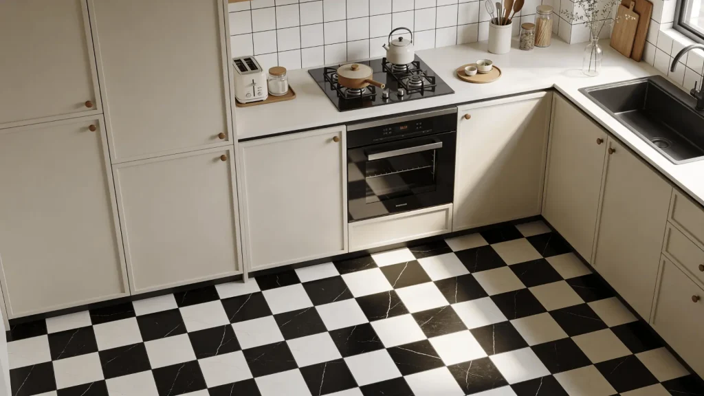 Diagonal checkerboard tiles in high contrast on a kitchen floor with simple cabinets