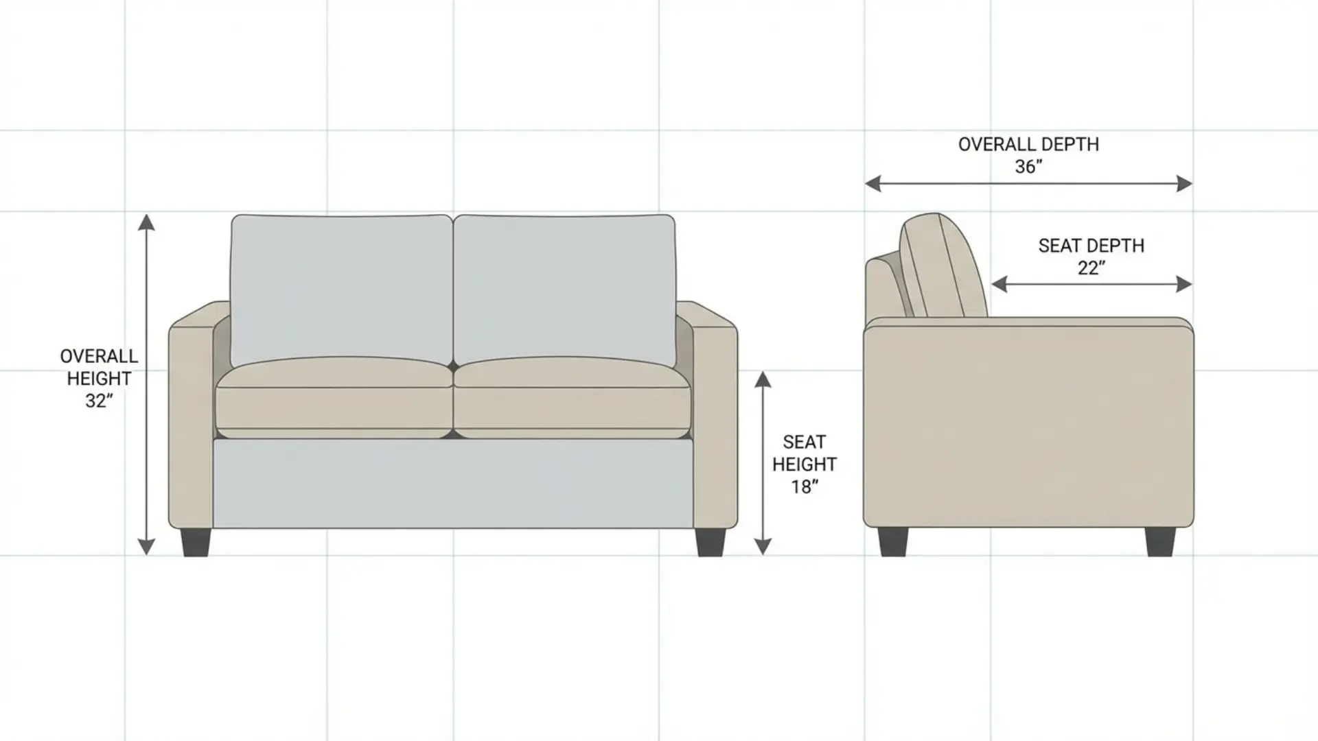 Diagram showing couch dimensions including depth, height, seat depth, and seat height with labeled measurements
