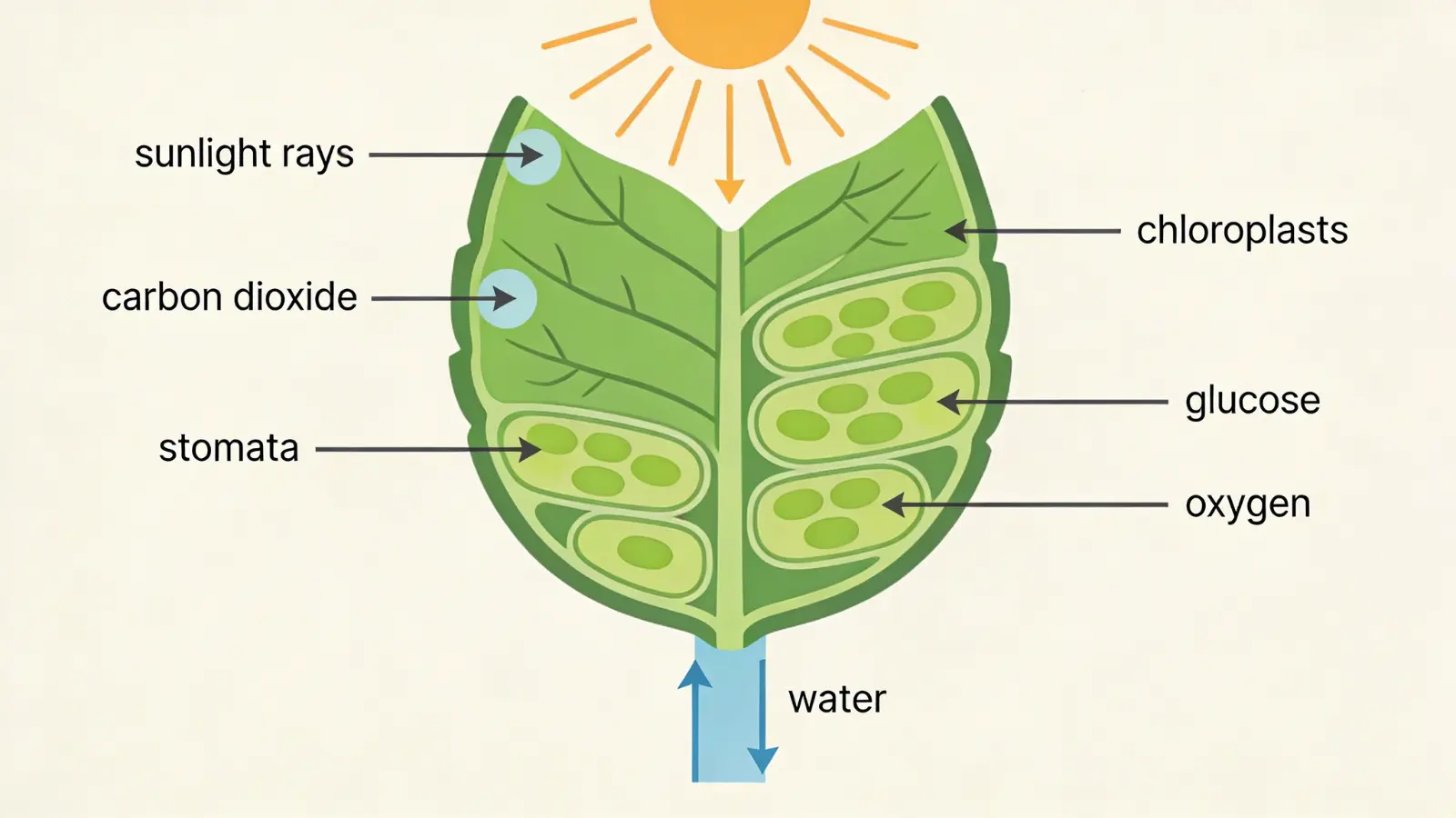 Diagram showing sunlight, water, and carbon dioxide entering a leaf and producing glucose and oxygen