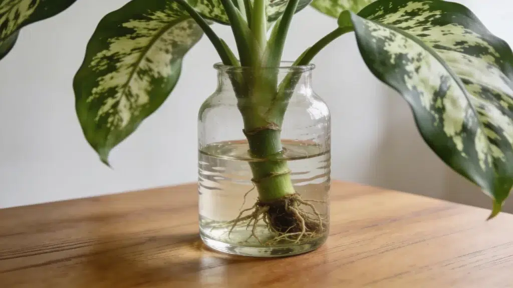 Dieffenbachia cutting with large variegated leaves growing in water