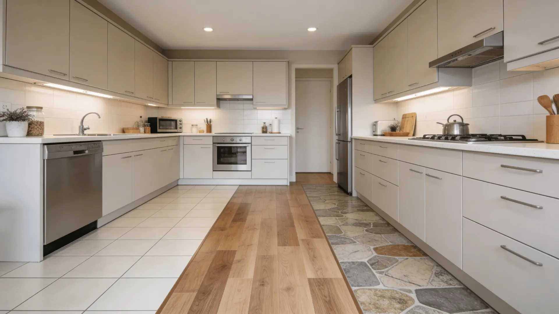 Different kitchen flooring types including tile and wood-look surfaces shown in a modern kitchen layout