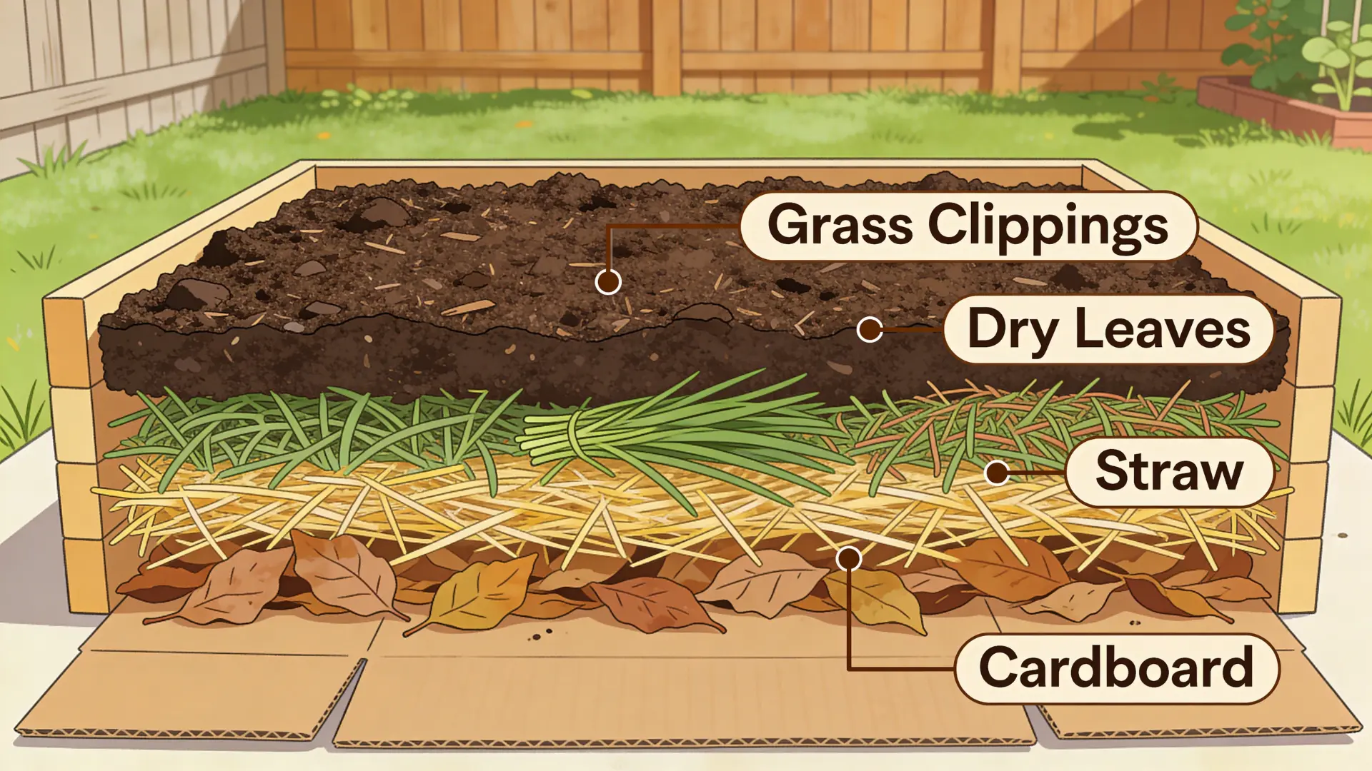 Different organic layers used in lasagna gardening showing carbon, nitrogen, and compost layers