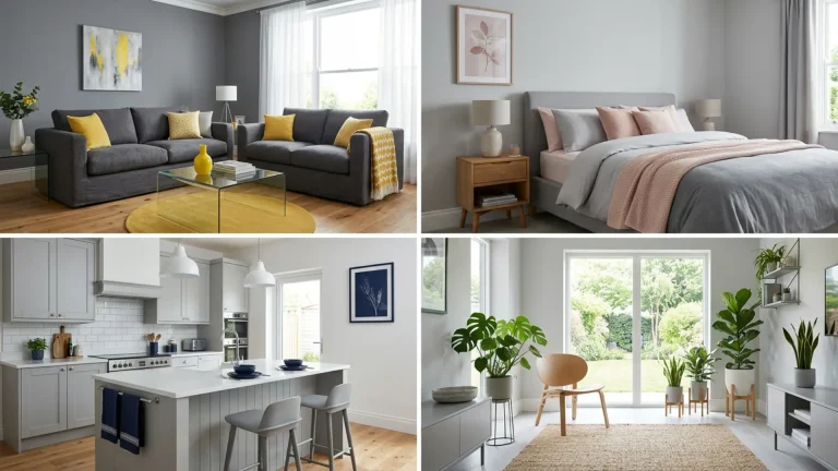 Different rooms showing color combinations that go well with gray including yellow, pink, blue, and green