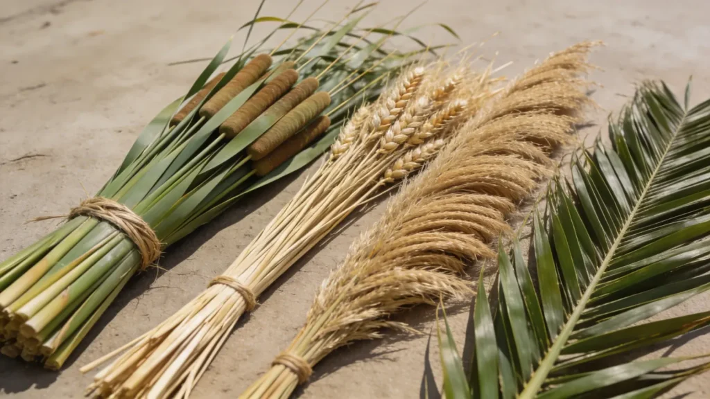 Different thatching materials including reed, straw, wheat reed, and palm leaves arranged together