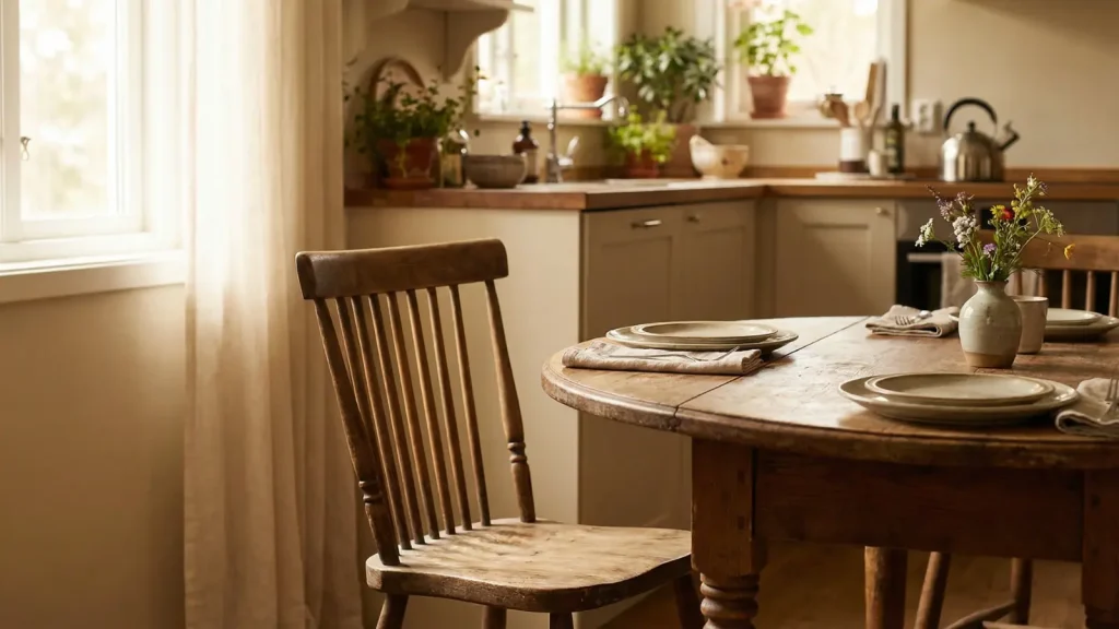 Dining Chair wooden dining chair tucked under a round dining table in a warm kitchen setting