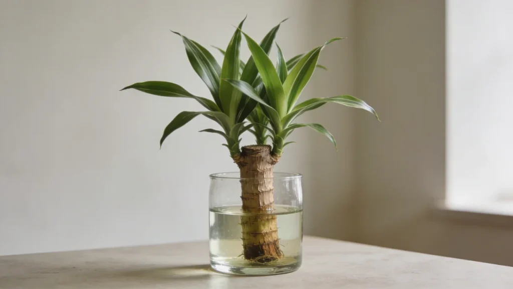 Dracaena stem cutting with leaves growing above water in a glass container