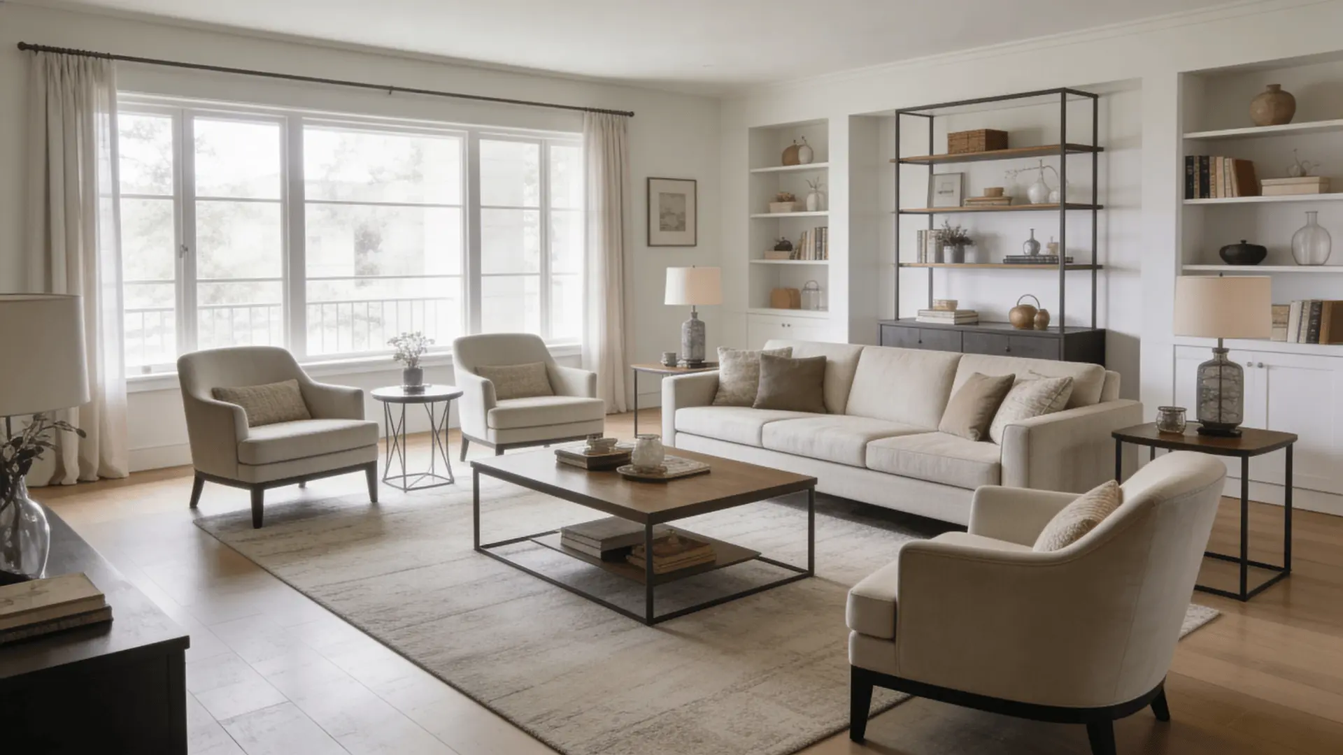 Drawing room with sofa armchairs center table side tables and display shelf arranged for seating and conversation