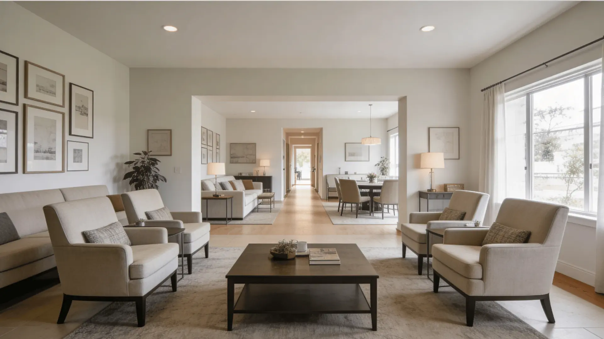 Drawing room with sofas and chairs facing each other with center table and clear walking space between furniture