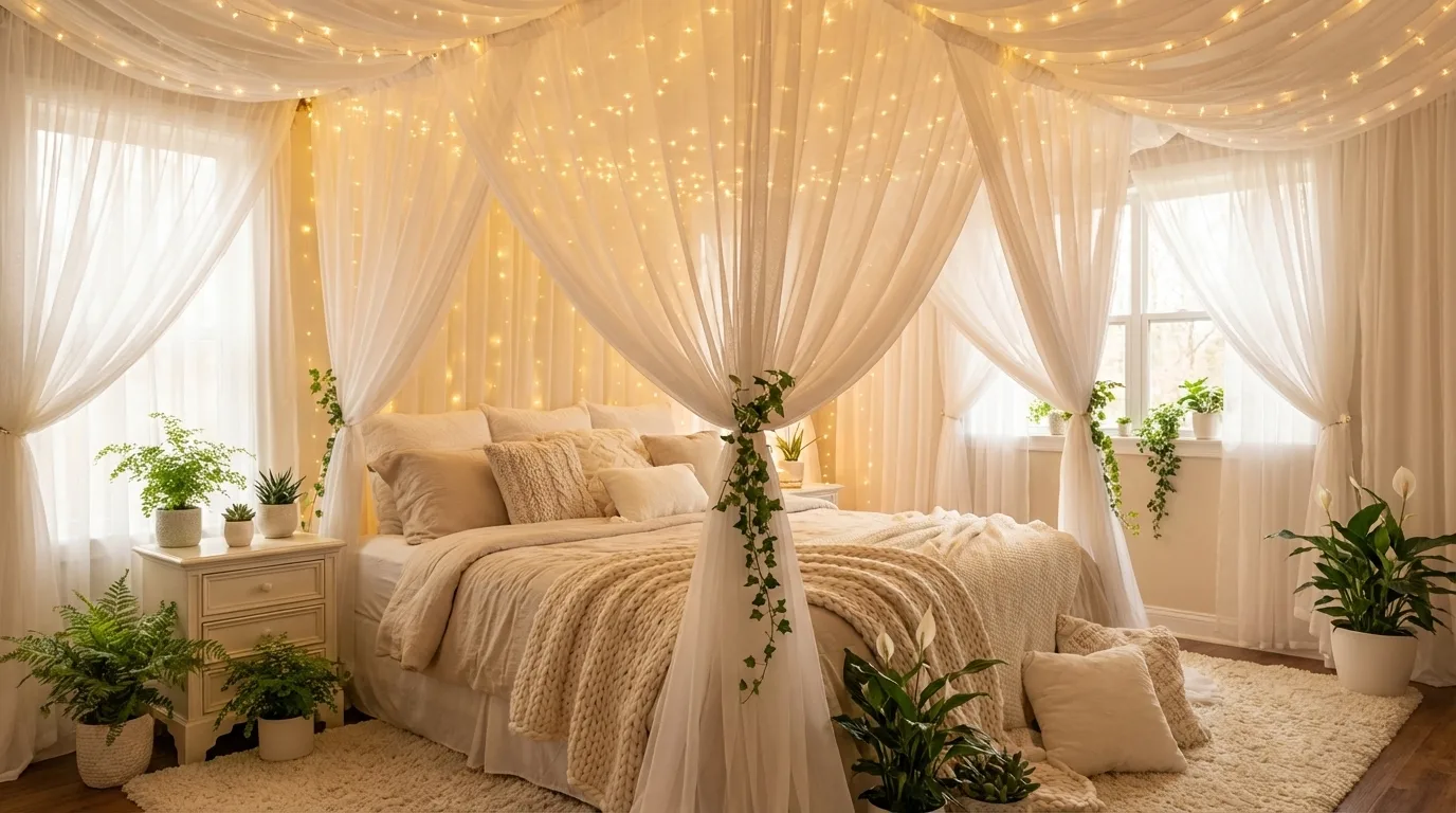 Dreamy aesthetic bedroom with sheer curtains, fairy lights, and soft neutral bedding.