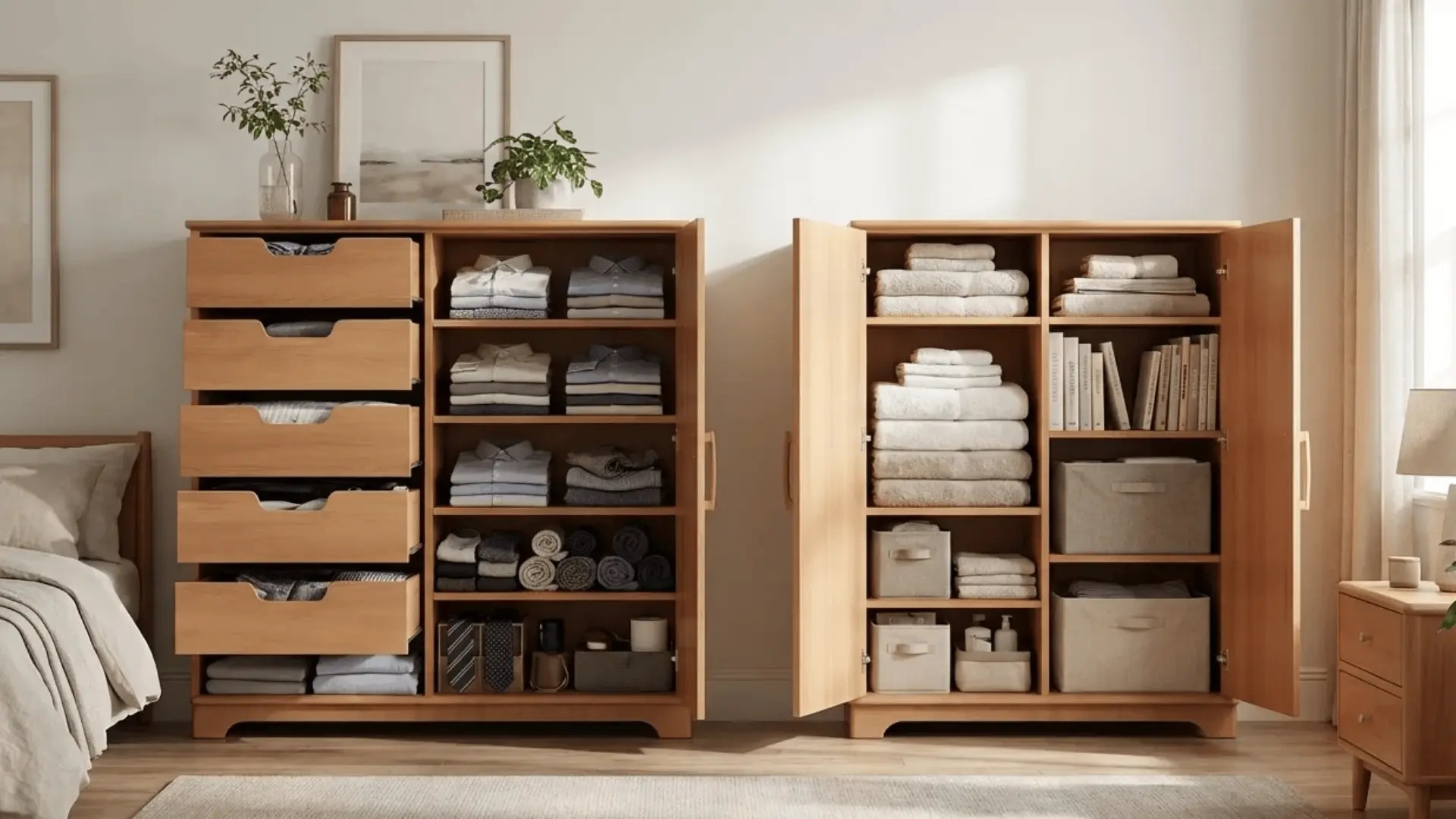 Dresser drawers with folded clothes beside a cabinet with shelves holding towels, books, and storage bins.