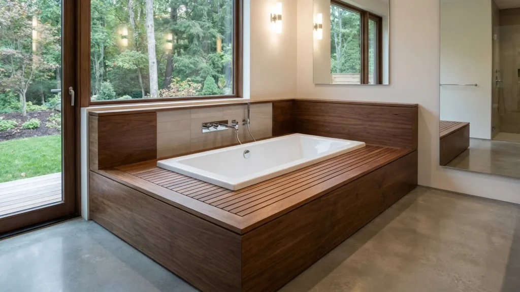 Drop-in bathtub fitted into a custom-built deck with a clean and modern look