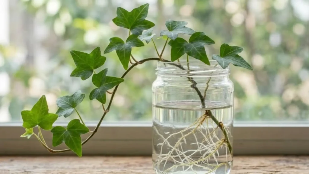 English ivy vine cutting growing in a jar of water with visible roots