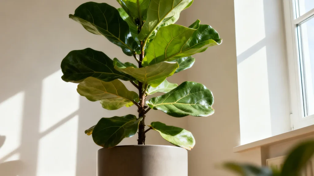 Fiddle leaf fig with large glossy leaves placed indoors near a window