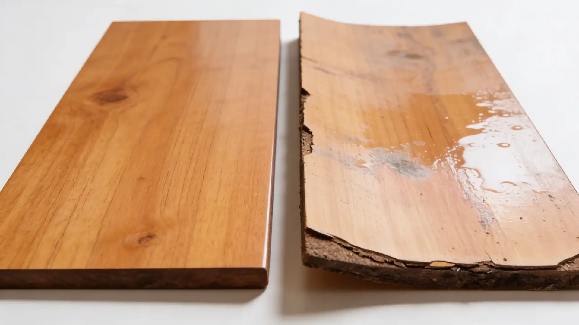 Flat and slightly warped rubberwood panels placed side by side showing moisture effect