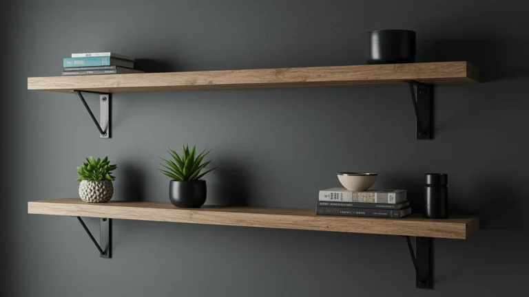 Floating wooden shelf mounted on a wall with simple dowel supports and small decor items placed on top