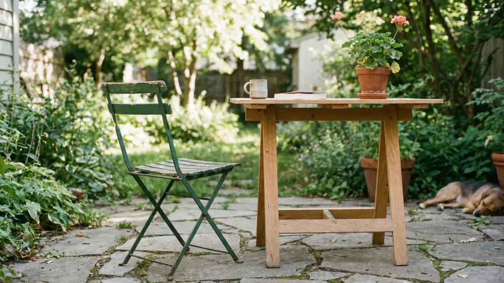 Folding Chair metal folding chair on a backyard patio alongside a simple outdoor table