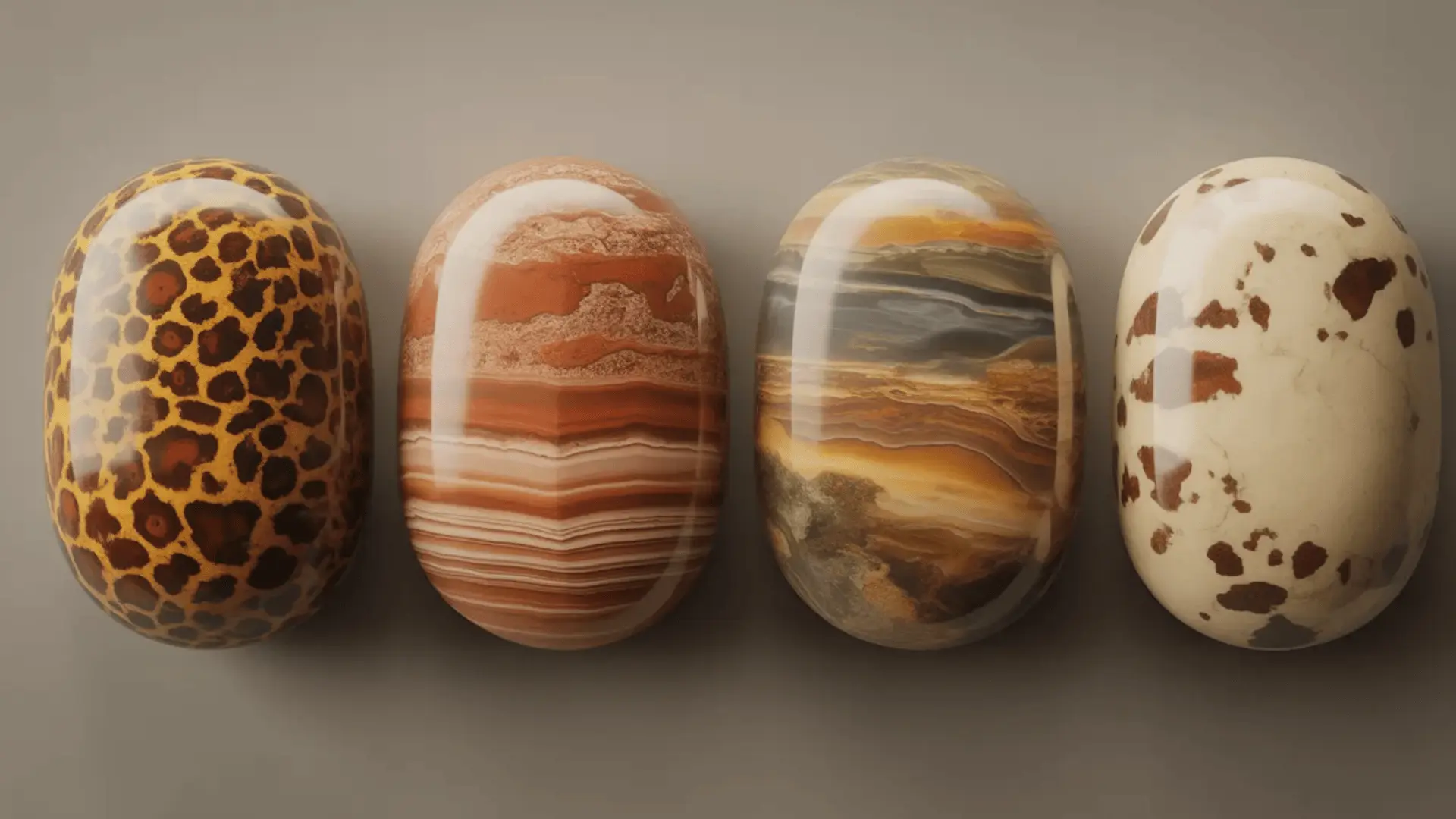 Four jasper stones showing spotted, landscape, scenic, and cream with dark spot patterns arranged on a neutral surface
