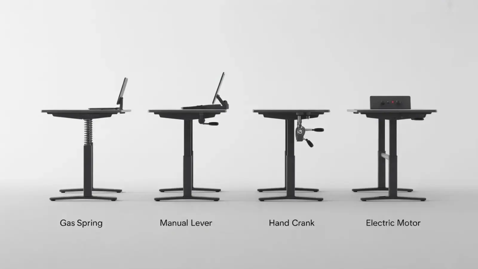 Four types of riser desk adjustment mechanisms shown side by side