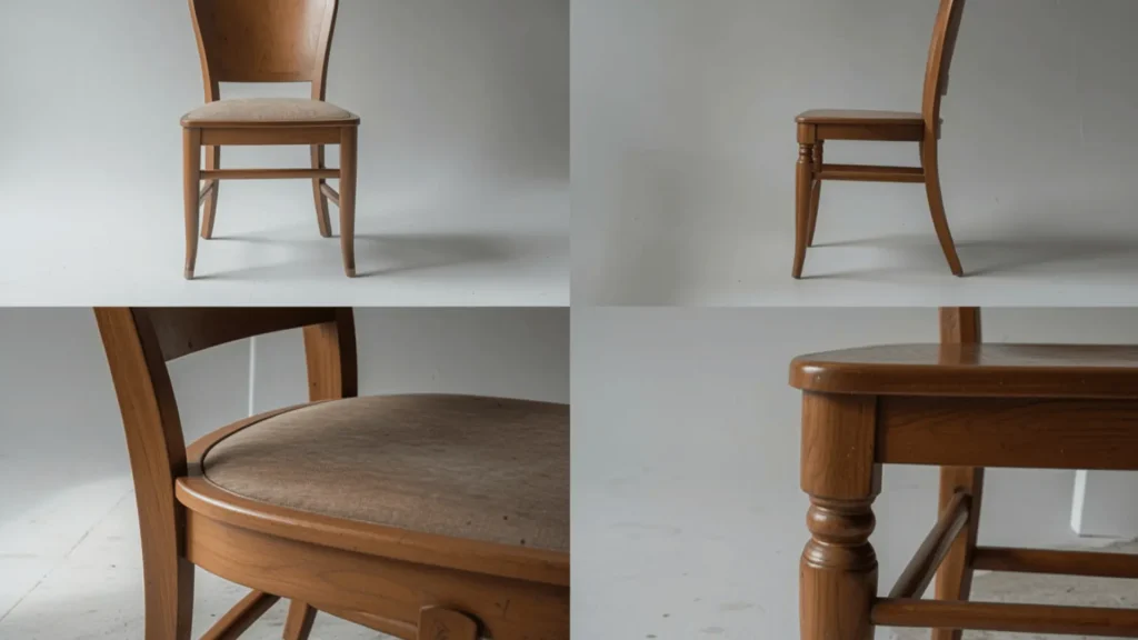 Four views of a wooden chair showing front, side, seat detail, and leg close-up on a plain background