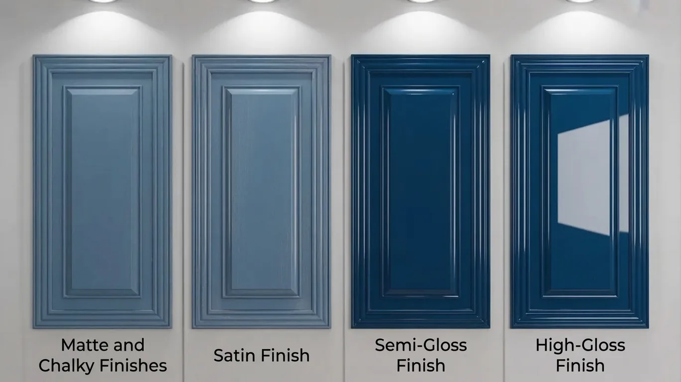 Four wooden cabinet doors painted showing different sheen levels from matte to high gloss