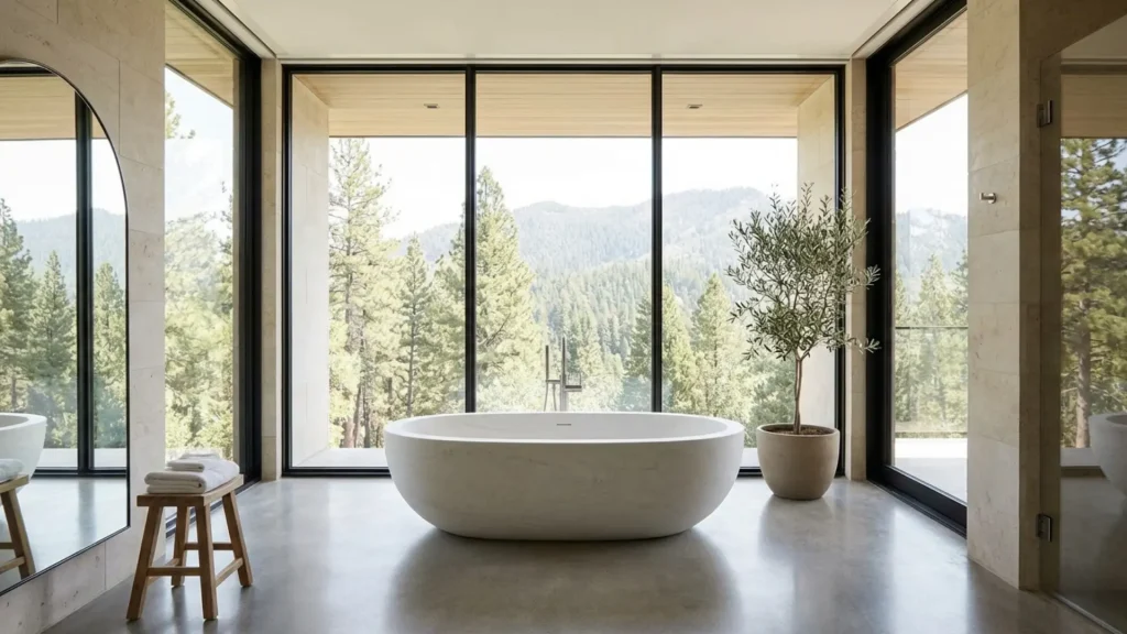 Freestanding bathtub placed independently in a spacious bathroom as a focal point