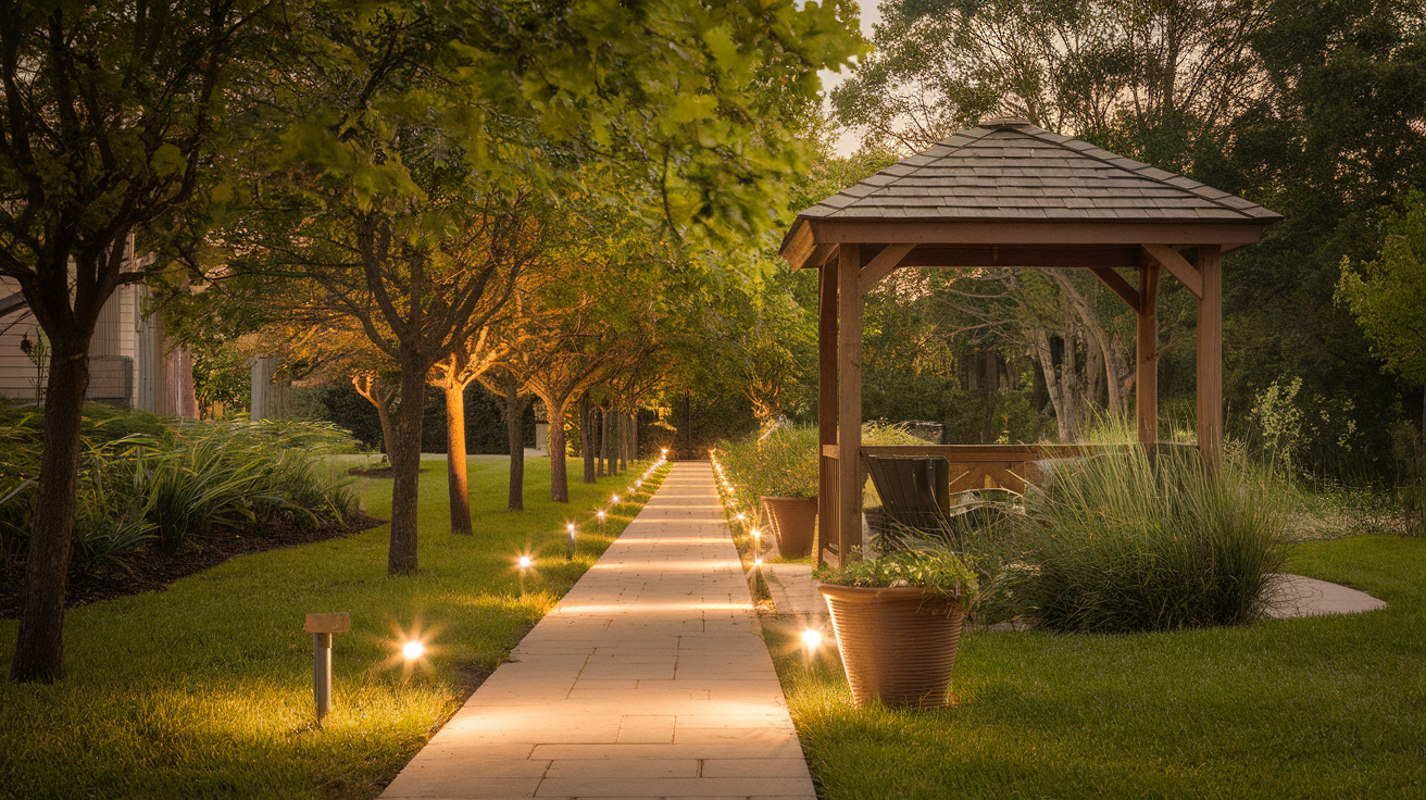 Garden pathway with warm outdoor lights leading to a wooden gazebo at dusk, surrounded by trees and lush lawn
