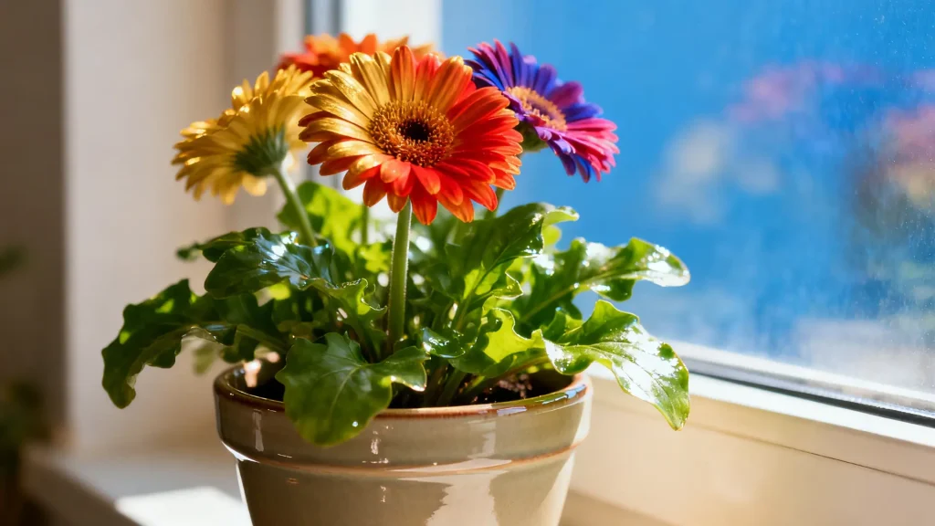 Gerbera daisy with colorful flowers placed indoors in bright sunlight