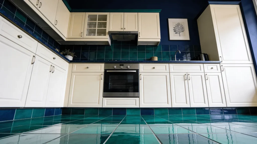 Glossy deep-colored tiles reflecting light on a kitchen floor with simple cabinets