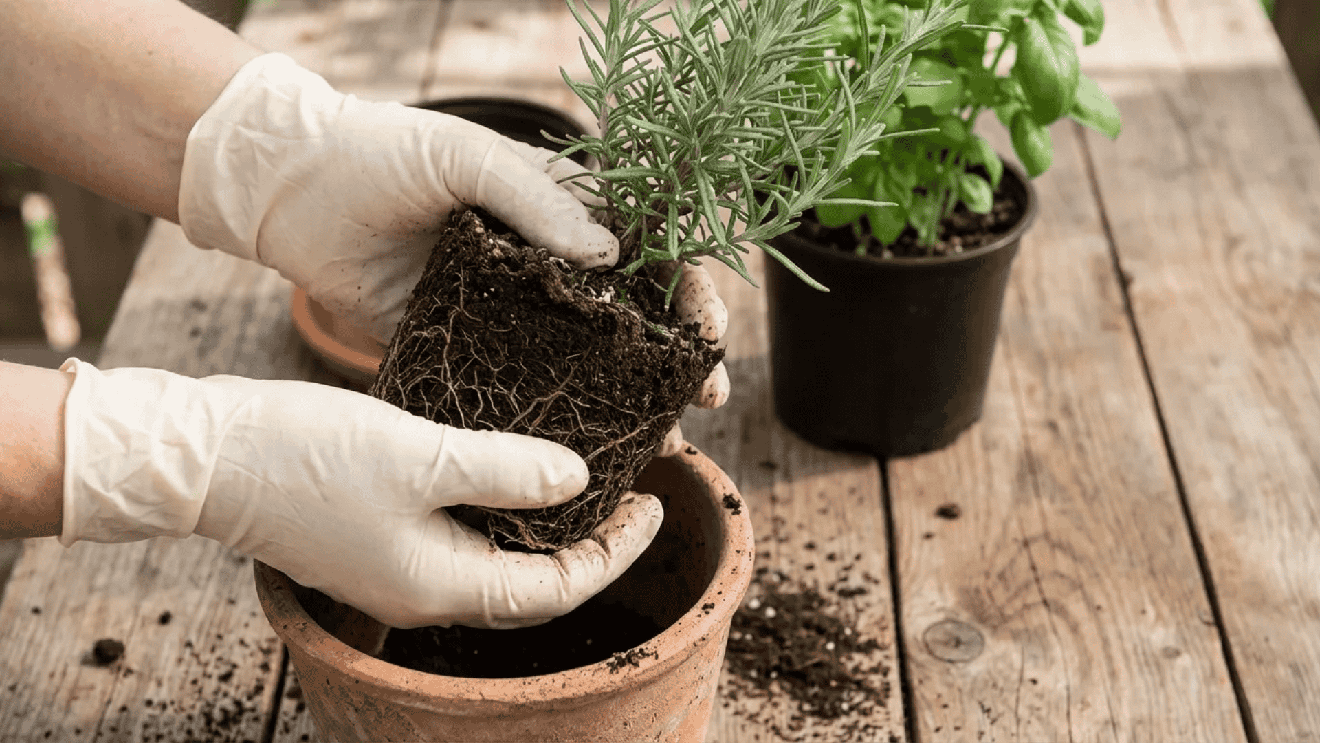 Gloved hands repotting a plant with exposed roots above a terracotta pot on a wooden surface
