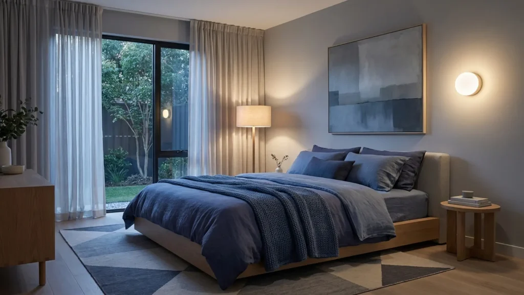 Gray and blue bedroom creating a calm and relaxing space