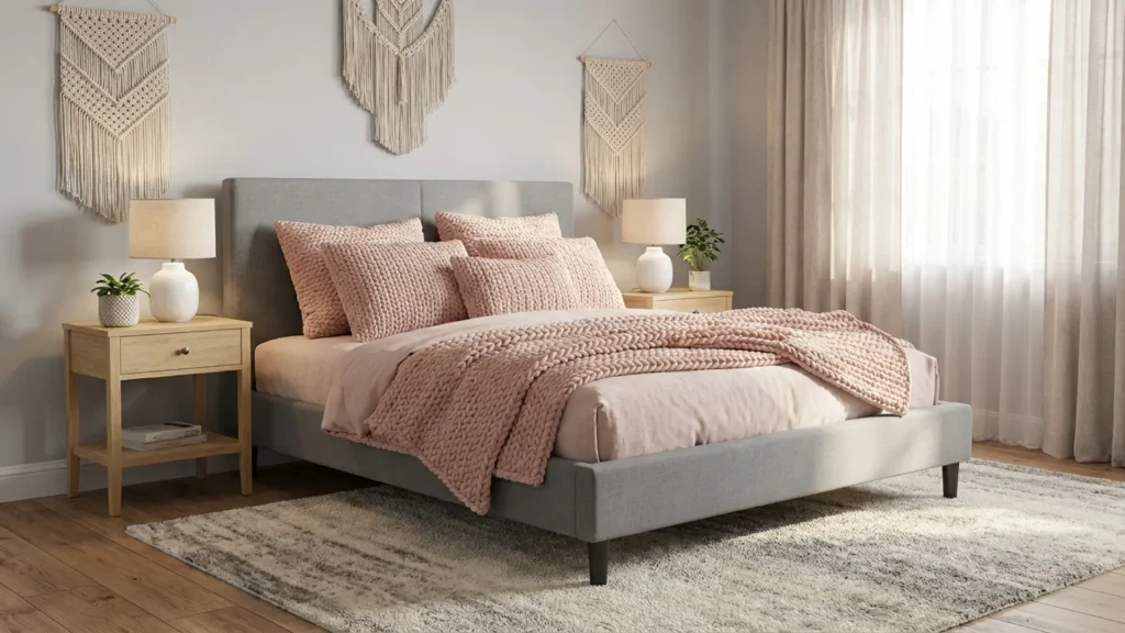 Gray and blush pink bedroom with soft and comfortable design