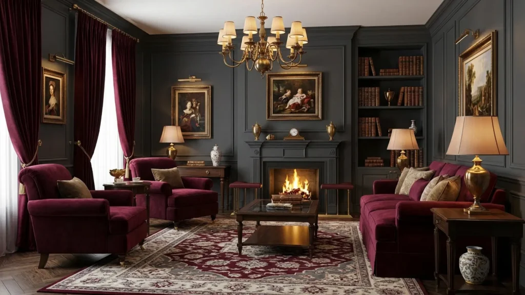 Gray and burgundy color combination creating a bold interior look