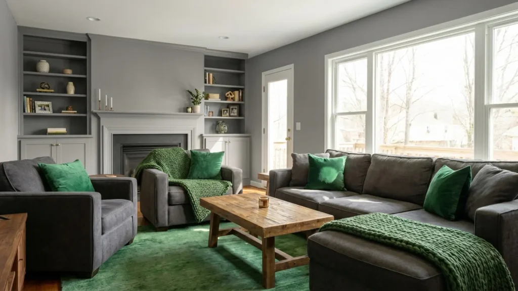 Gray and green living room with indoor plants creating a fresh and balanced space