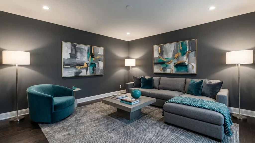Gray and teal living room adding color without overpowering the space