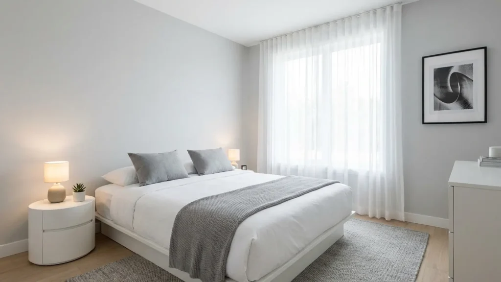 Gray and white bedroom design with clean and simple interior style