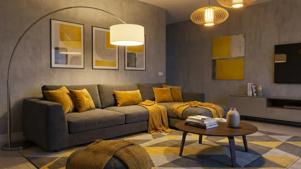 Gray and yellow living room showing bright and balanced color combination