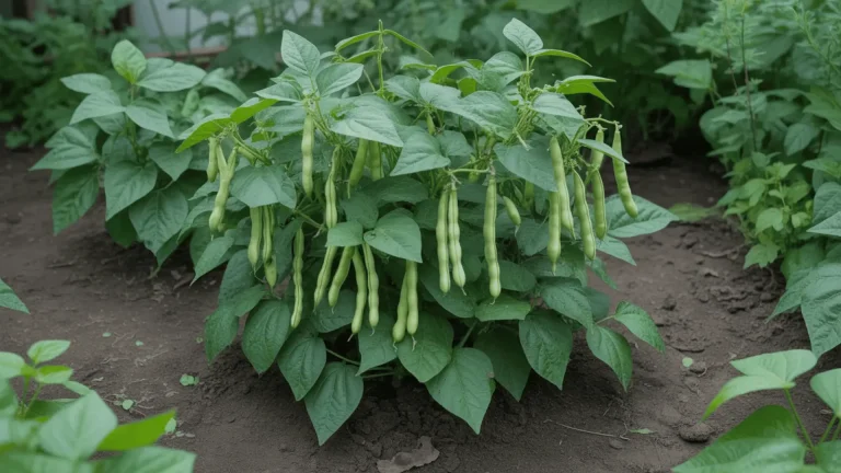 Green bean plant with visible pods growing on stems in an outdoor garden bed.